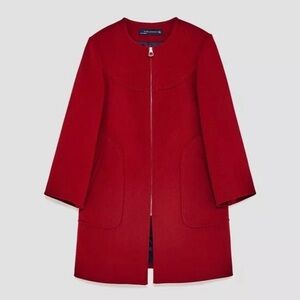 Zara Red Round Neck 3/4 Sleeve Zip Pocket Lined Coat (S)